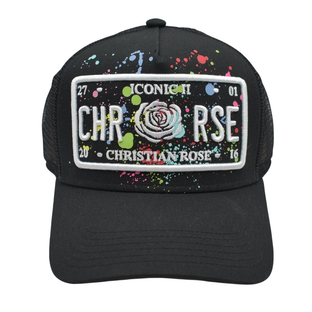 Christian Rose Iconic II License Plate Color Dots Trucker Snapback Hat White NEW